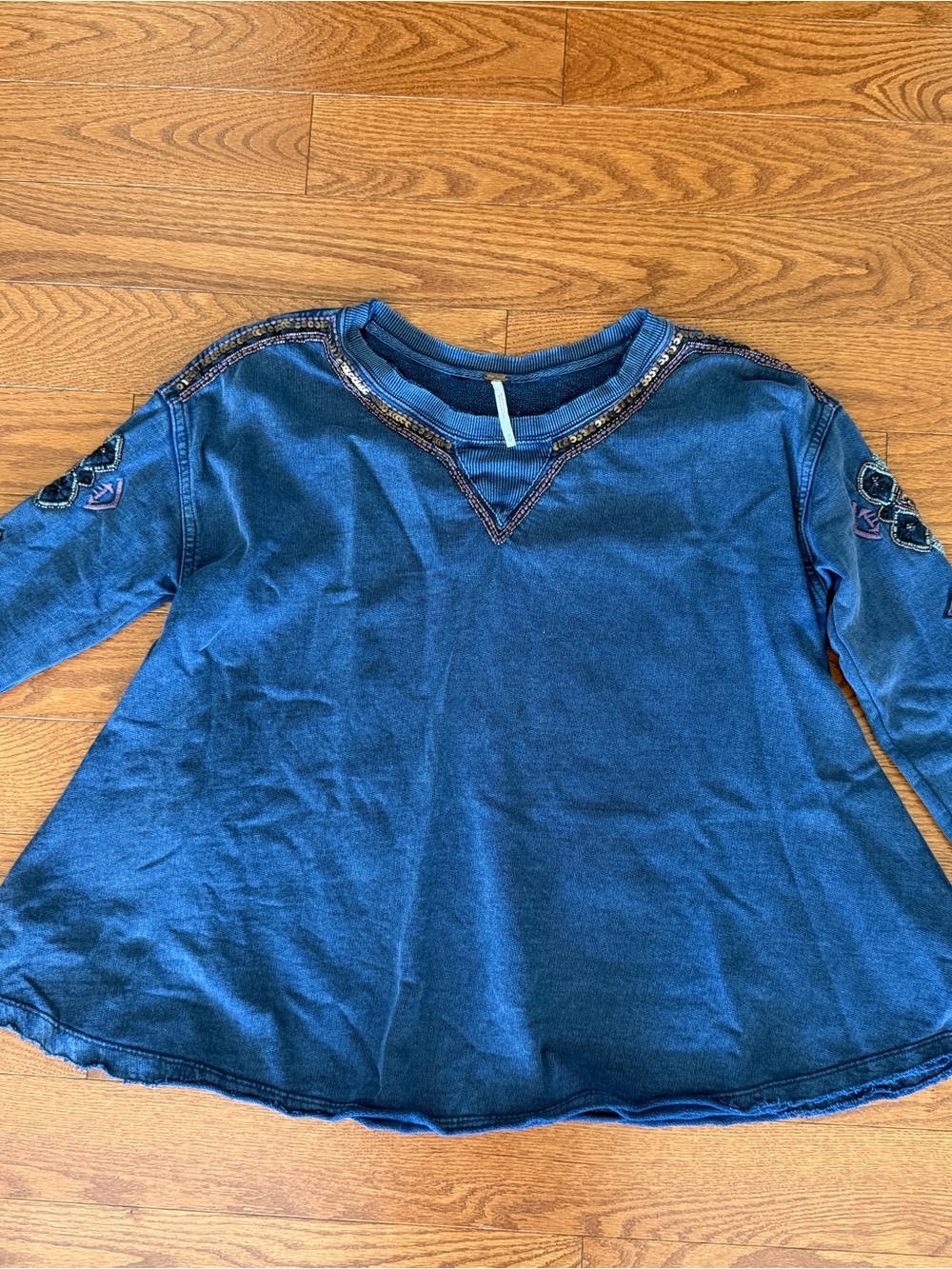 Free People Deep Teal Long-Sleeve Tee with Embroidered Shoulders